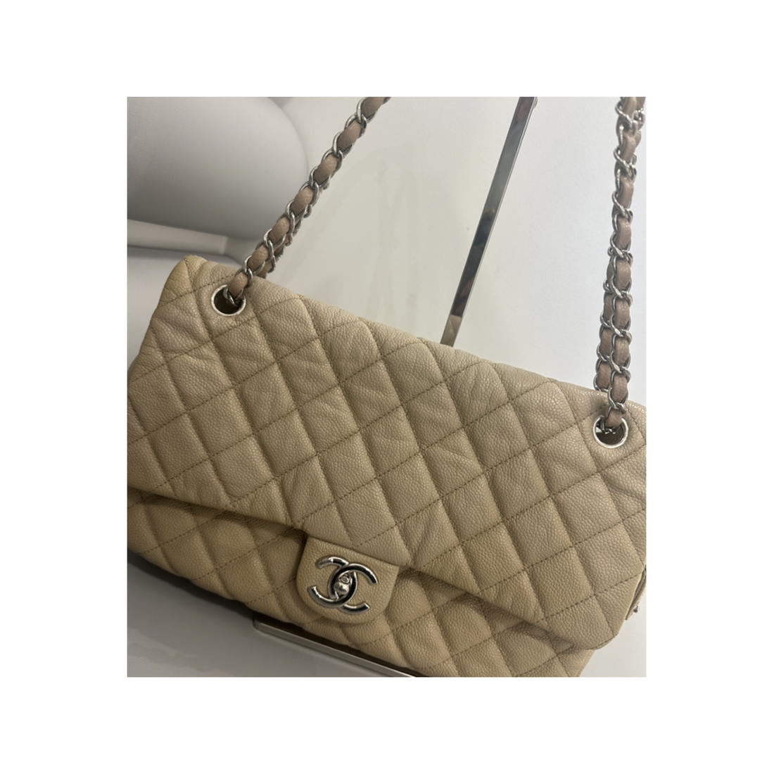 PRELOVED CHANEL JUMBO QUILTED CAVIAR EASY FLAP BAG IN BEIGE