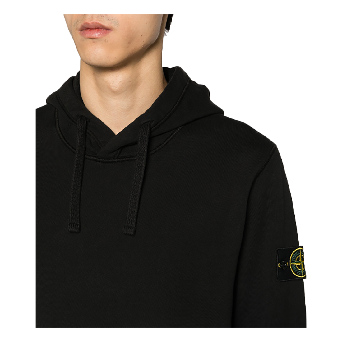 STONE ISLAND LOGO PATCH HOODIE IN BLACK