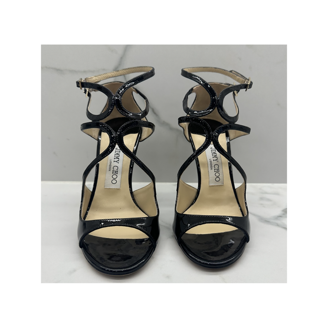 PRE LOVED JIMMY CHOO PATENT CALFSKIN LANG SANDLES IN BLACK