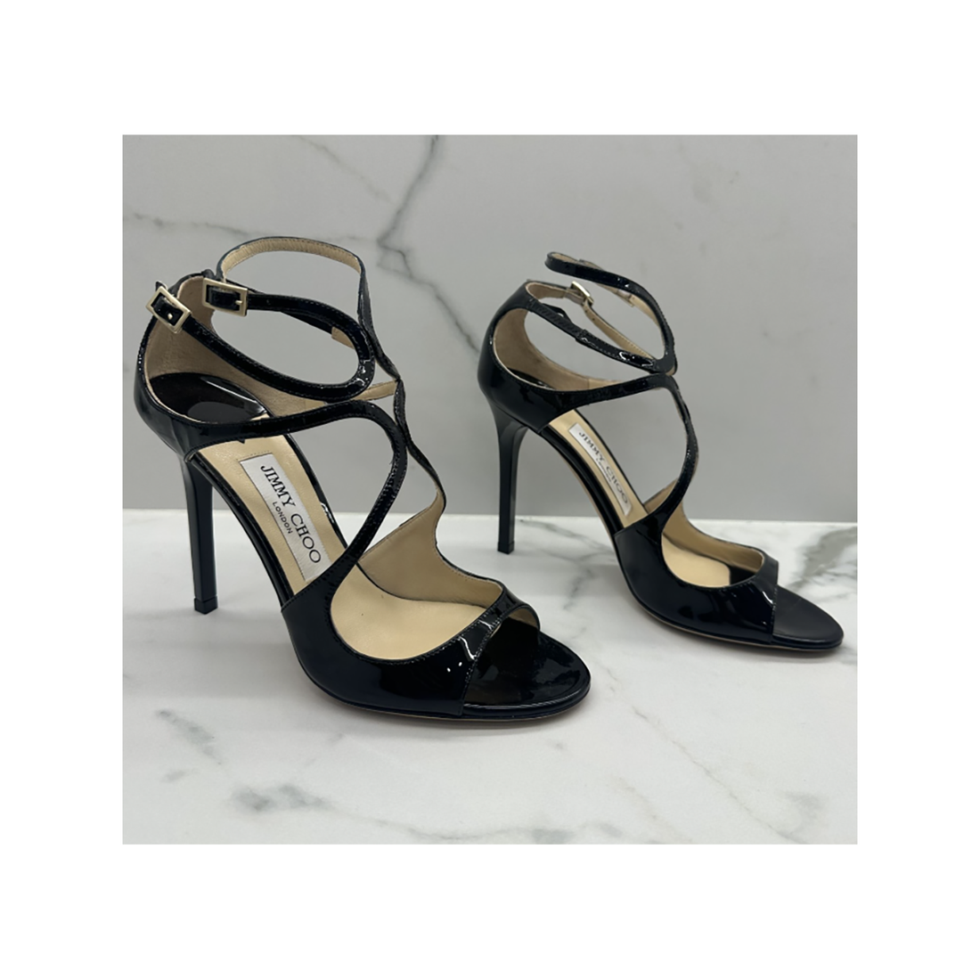 PRE LOVED JIMMY CHOO PATENT CALFSKIN LANG SANDLES IN BLACK