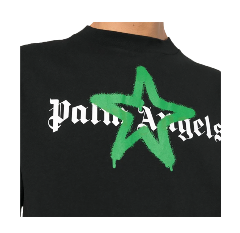 PALM ANGELS GREEN STAR T-SHIRT IN BLACK